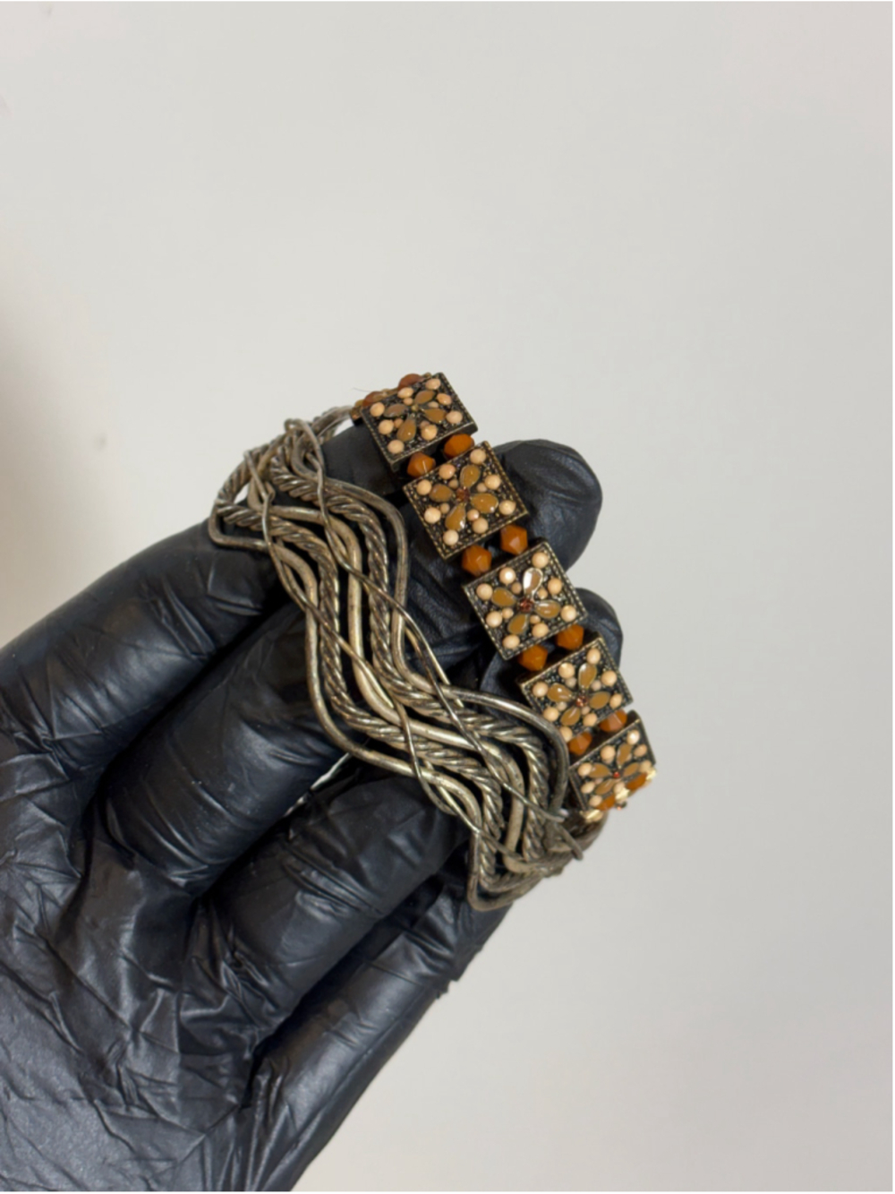 Vintage Boho Multi Strand Wire Cuff & Amber Rhinestone Stretch Panel Bracelet Se